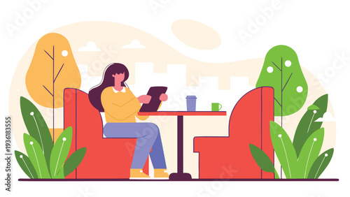 A woman in a yellow sweater sits on a red armchair in a cafe or lounge area using a tablet computer at a small table with mugs.