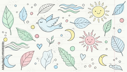 Hand-drawn nature elements with bird, sun, moon, and leaves in a whimsical style.