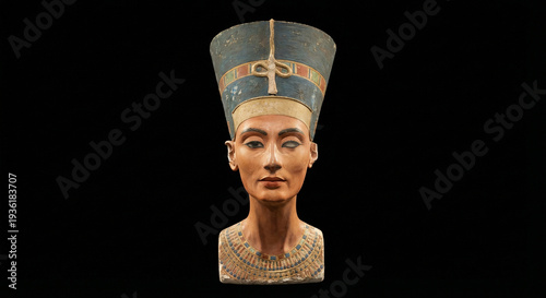 Ancient Egyptian Queen Nefertiti bust isolated on black background