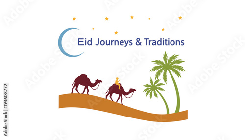 Eid illustration of camels walking under starry night with crescent moon