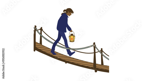 Businessman crossing suspension bridge with lantern in hand at night