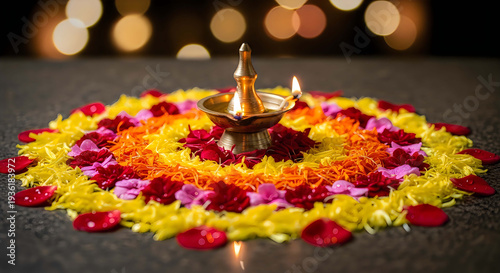 A colorful rangoli design with a lit lamp