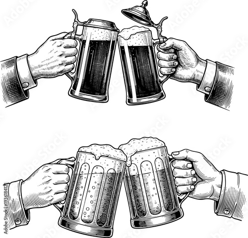 Engraving style black and white illustration of hands toasting beer mugs and steins, vintage alcohol art for Oktoberfest drinking culture, traditional pub cheers, craft beer celebration,