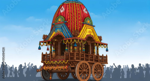 A colorful decorated cart on display in a festival setting