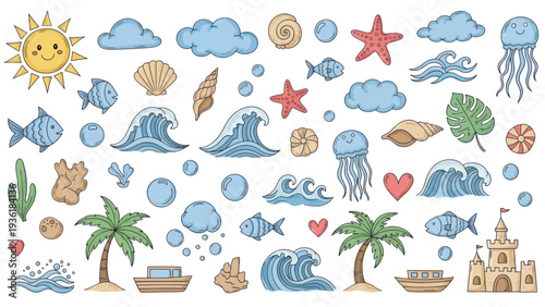 Vibrant Collection of Hand-Drawn Ocean and Beach Elements.
