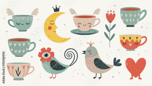 Whimsical Collection of Cute Anthropomorphic Cups Birds and Moon.