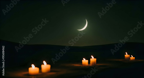 A serene nighttime scene with candles and a crescent moon