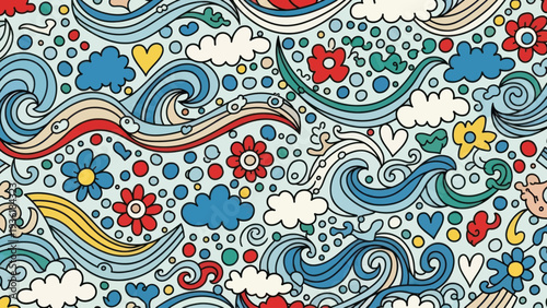 Whimsical Doodle Pattern with Waves Clouds and Flowers.