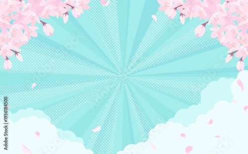 満開の桜と水色の集中線背景_横