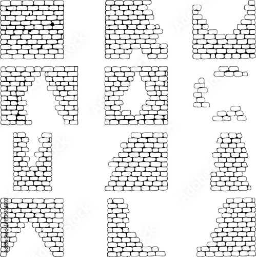 Damaged brick walls in various states of disrepair