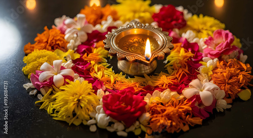 A lit diya surrounded by colorful flowers on a table
