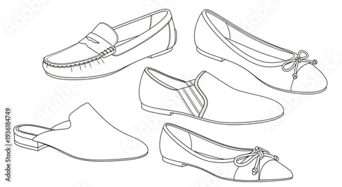 Casual Shoes and Footwear Collection Line Art Outline Illustration