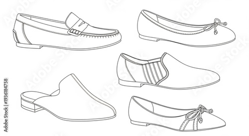 Casual Shoes and Footwear Collection Line Art Outline Illustration