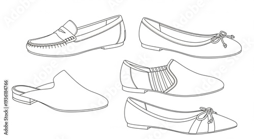 Casual Shoes and Footwear Collection Line Art Outline Illustration