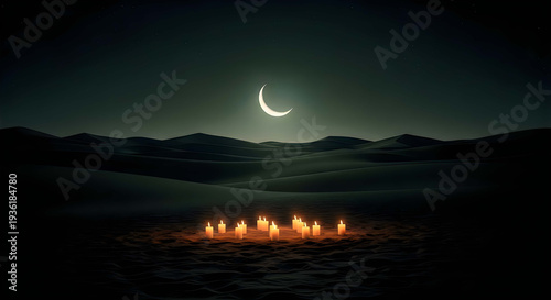 A crescent moon shines brightly over a burning pile of wood on a dark beach
