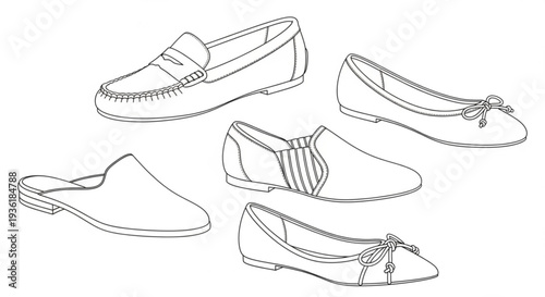 Casual Shoes and Footwear Collection Line Art Outline Illustration
