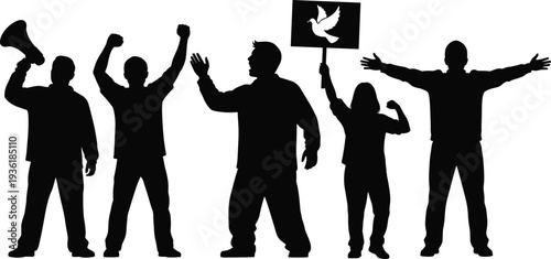 Protest crowd silhouettes with megaphone raised fists peace sign demonstration activism freedom movement political rally social protest concept