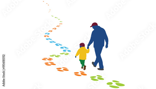 Father and child walking hand in hand in colorful footprints illustration