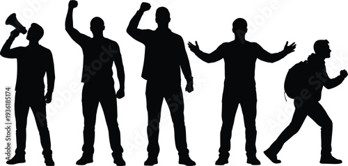 Protest people silhouettes with megaphone raised fists speaking shouting activism demonstration freedom movement social protest rally illustration