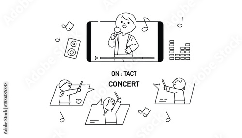 Smartphone vector illustration of online concert with singer and fans
