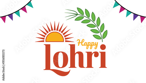 Lohri festival logo with happy sun and green leaves illustration