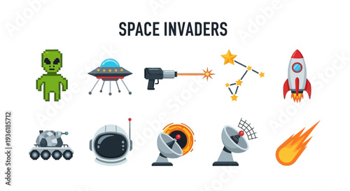Collection of ten space and alienthemed icons under the title SPACE INVADERS