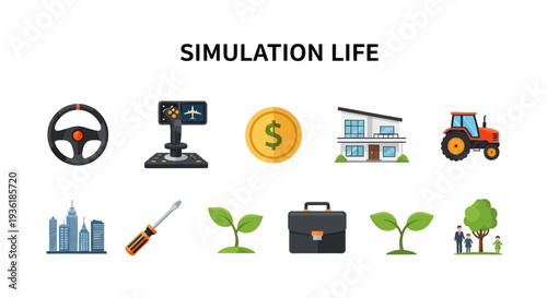 Icons representing various simulation life elements including controls money property and nature