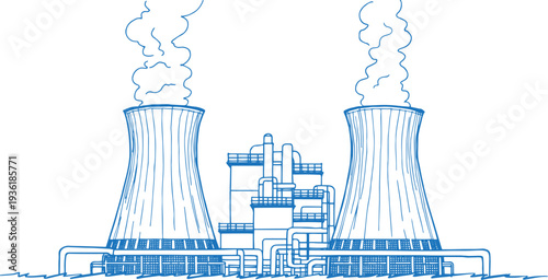 Thermal Power Plant with Cooling Towers and Industrial Pipelines Vector Line Drawing – Monochrome Outline Technical Schematic of Energy Generation Infrastructure, Electricity Production Facility 
