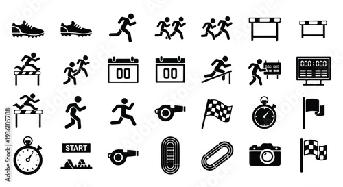 Set depicting athletic events and competitive timing in monochrome line