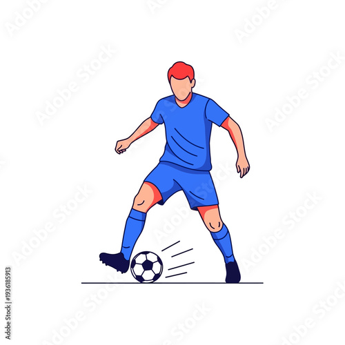 Soccer Player Dribbling Ball, Athletic Man Kicking Football in Blue Uniform