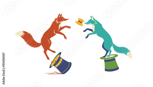 Foxes jumping from colorful magic hats in whimsical illustration