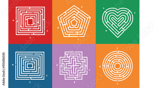 Labyrinth icons set of six colorful maze illustrations