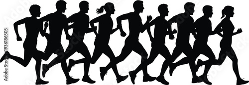 PrintRunning silhouettes, group runners, athletic activity, fitness illustration, marathon race, sports teamwork, vector art, black design, motion effect, outdoor exercise