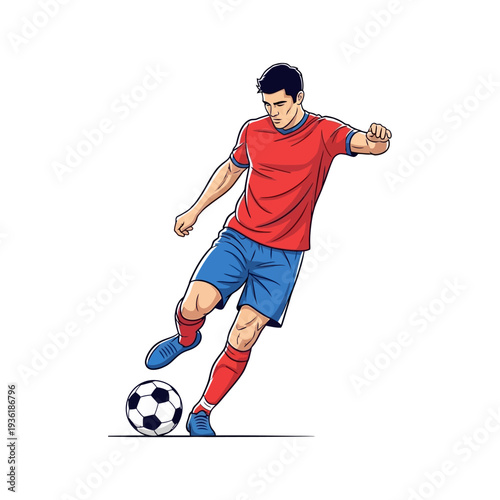 Soccer Player Kicking Ball, Athletic Man in Red Jersey and Blue Shorts