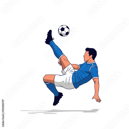 Soccer Player Performing Bicycle Kick with Ball Isolated on White Background