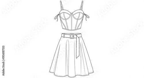 Women Summer Dress with Straps Line Art Fashion Clothing Illustration