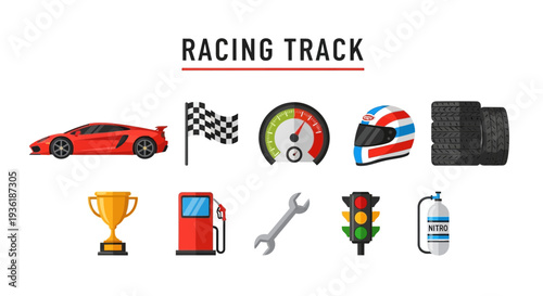 Collection of ten flatdesign icons related to car racing arranged in two rows
