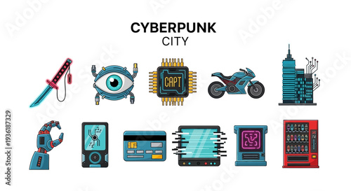 A set of ten cyberpunk city icons in two rows on a white background