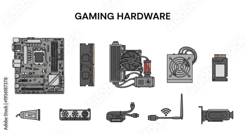 Flat illustration of various computer components labeled GAMING HARDWARE