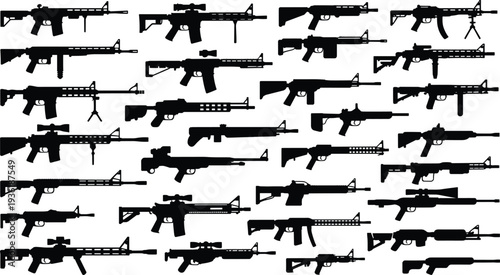 PrintRifle silhouettes, firearm collection, weapon illustration, gun vector, military design, hunting rifle, tactical firearm, black shapes, catalog reference, graphic art
