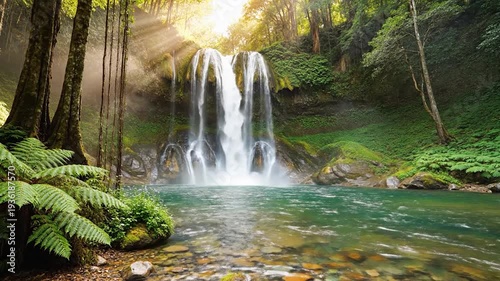 Majestic waterfall cascades into a clear river in a lush tropical forest