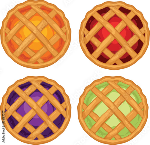 Minimalist hand drawn fruit pie vector set featuring lattice crust pastries for local bakery branding artisanal food packaging and clean kitchen menu line art illustrations