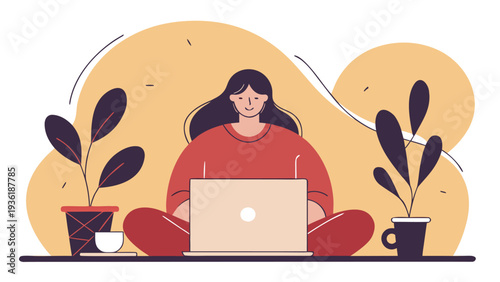 A woman wearing a red shirt sits on the floor using a laptop computer surrounded by potted plants and a coffee cup in a minimalist home office.