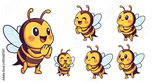 An adorable collection of cheerful cartoon bees featuring vibrant yellow and black stripes with delicate wings, ideal for various playful designs.