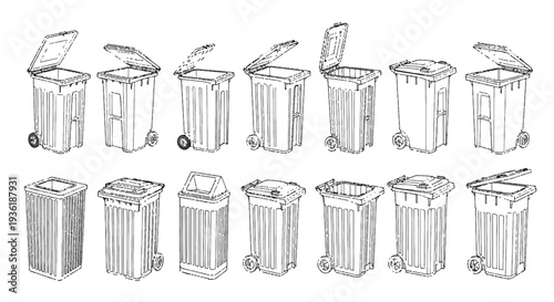 Line- drawn varieties of open and closed waste containers in monochrome shades
