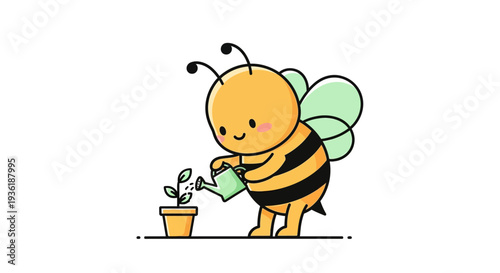 An adorable cartoon bee diligently waters a tiny potted plant, symbolizing care, growth, and the nurturing of new life with a charming, simple design.