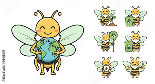 An adorable cartoon bee mascot actively promotes environmental sustainability, showcasing various eco-friendly actions like planting trees, recycling, and caring for Earth.