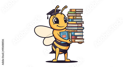 A cheerful cartoon bee, adorned with a graduation cap, diligently carries a towering stack of educational books, symbolizing academic success and the joy of learning.