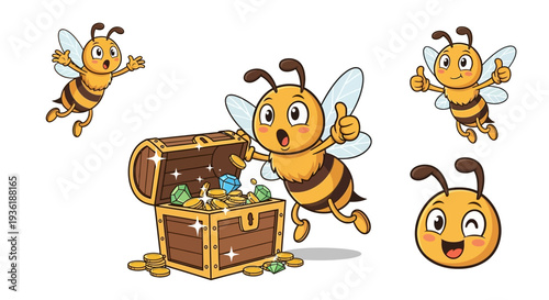 This delightful vector illustration showcases a collection of cartoon honey bees in playful poses, with one joyfully discovering a sparkling treasure chest.