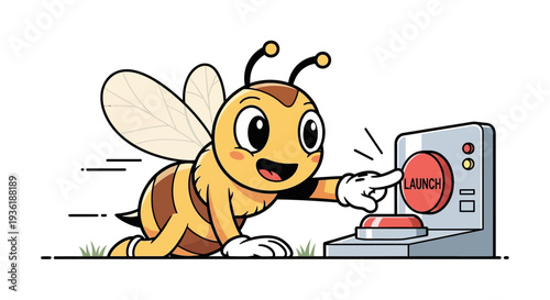 A cheerful cartoon bee character with delicate wings eagerly presses a bright red 'LAUNCH' button, symbolizing new beginnings, innovation, and exciting project startups.